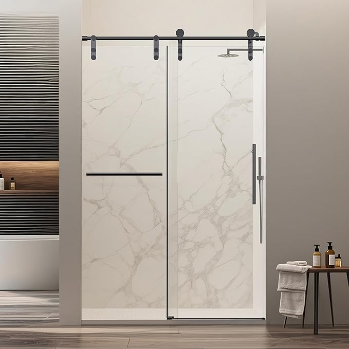 46-48" W x 76" H Frameless Sliding Shower Door, Safety Bathroom Single Sliding Glass Doors with 5/16" (8mm) SGCC Tempered Glass, Stainless Steel Towel Rail and Auxiliary Handle, Matte Black