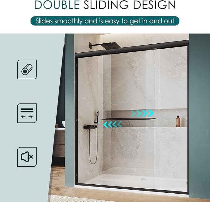 ELEGANT Double Sliding Shower Door 44-48" W x 72" H, Semi-Frameless Bypass Shower Glass Door with Dual Towel Bar Handles, 1/4" Tempered Glass for Walk-in Shower, Matte Black