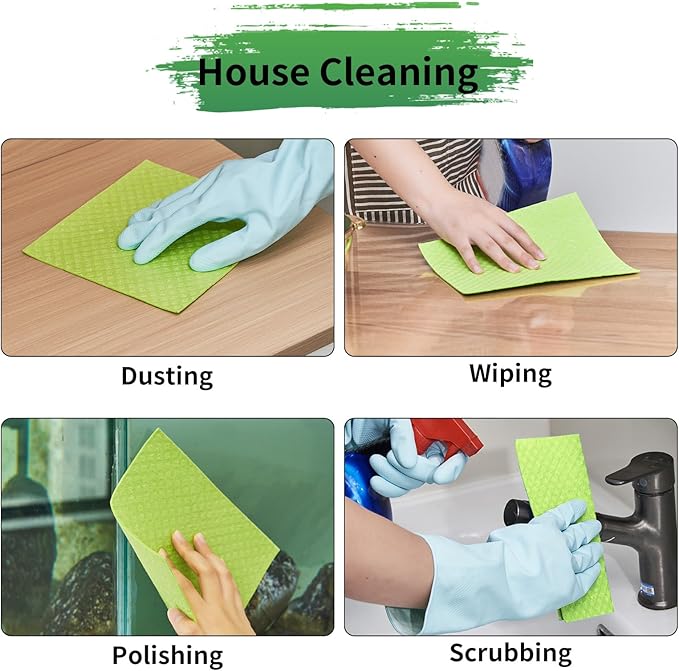 YEEHAW Swedish Dishcloths for Kitchen 10 Pack, Cellulose Sponge Cloths, No Odor Reusable Cleaning Cloths, Super Absorbent Dish Cloth Hand Towel for Kitchen, Bathroom, Glass Surface, Furniture