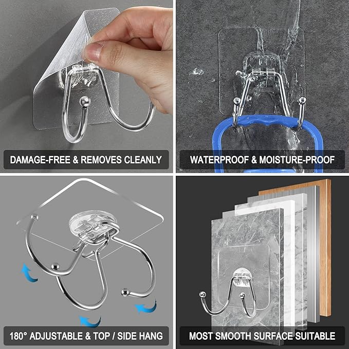 15 Pack Large Double Adhesive Wall Hooks, Damage-Free Waterproof 33 Ib Max Heavy Duty Hanging Clear Seamless Sticky Utility Hooks, Towel Coats Hats Clothes Nail Free Hangers (Twin Round Head)
