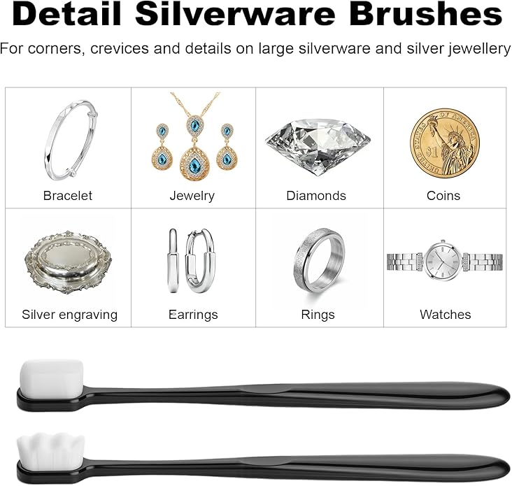 Silver Cleaning Kit with Ultra-Soft Brushes & Polish Cloths – Tarnish Removal for Antique Jewelry, Sterling Silverware, Cutlery & Plateware – Safe for Gold, Diamonds, Platinum, Gemstones & Coins