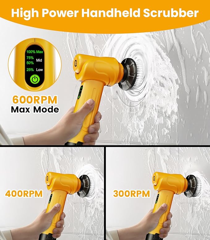 qimedo Battery Electric Spin Scrubber Q4, 800RPM Handheld Scrubber for Cleaning with Display, Power Dish Scrubber with 5 Heads, Shower Cordless Cleaning Brush for Bathroom/Sink/Window