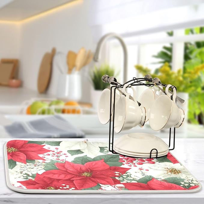 Red Poinsettias and Leaves Dish Drying Mat for Kitchen Counter Super Absorbent Drying Mat 16x18 inch Large Dish Drying Matts for Countertop Protector Dishes Pad