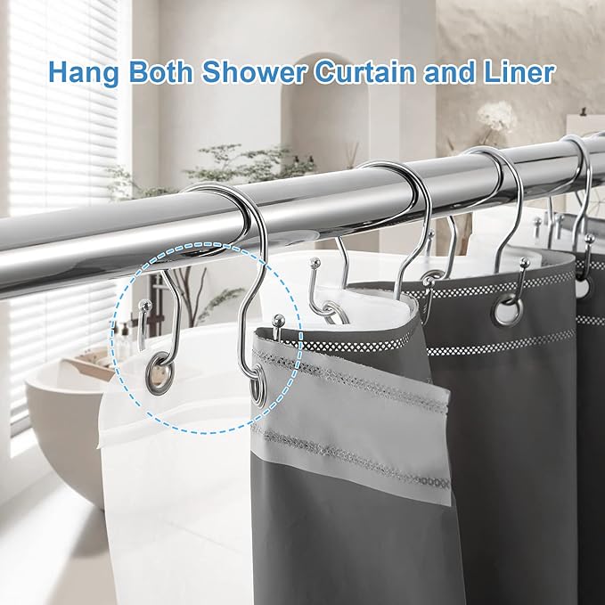 24 Pack Double Shower Curtain Hooks Rings, TENOVEL Double Sided Shower Curtain Hooks Rust Proof for Shower Curtain, Stainless Steel Bathroom Shower Hangers Rings for Shower Rods, Polished Chrome