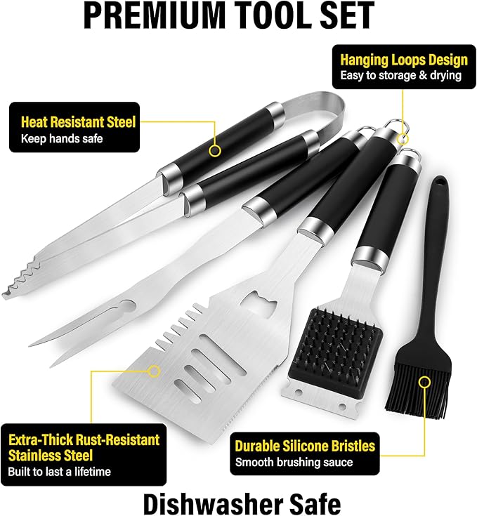 BBQ Grill Accessories Set, Grill Tools Grilling Accessories Grilling Gifts for Men - Spatula, Fork, Brush, Tongs & Cleaning Brush - Outdoor Barbecue Utensils Gifts for Men Dad Him (Black)