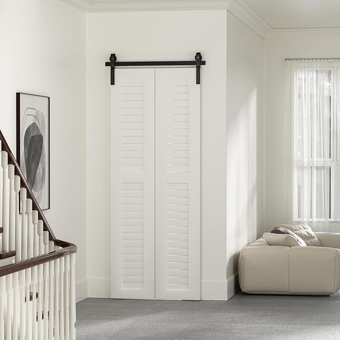 30" Bi-Folding Sliding Barn Door Hardware Track Kit,Smoothly&Quietly,Side Mounted Black Roller,Easy Install,Door Not Included [Fit Double 13" Bifold Doors]