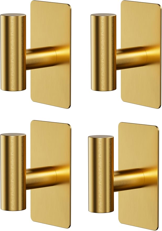 Towel Hooks for Bathrooms – 4 Pack, Brushed Gold Finish, T-Shaped Stainless Steel Adhesive Wall Hooks for Robes & Towels in Kitchen, Shower, or Closet