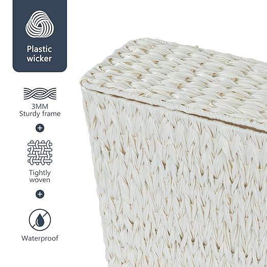 Wicker Trash Can with Lid and Liner,Boho Decotative Small Bathroom Trash Cans,Waterproof Slim Waste Basket for Bedroom,Home Office,3 Gallon Cream White