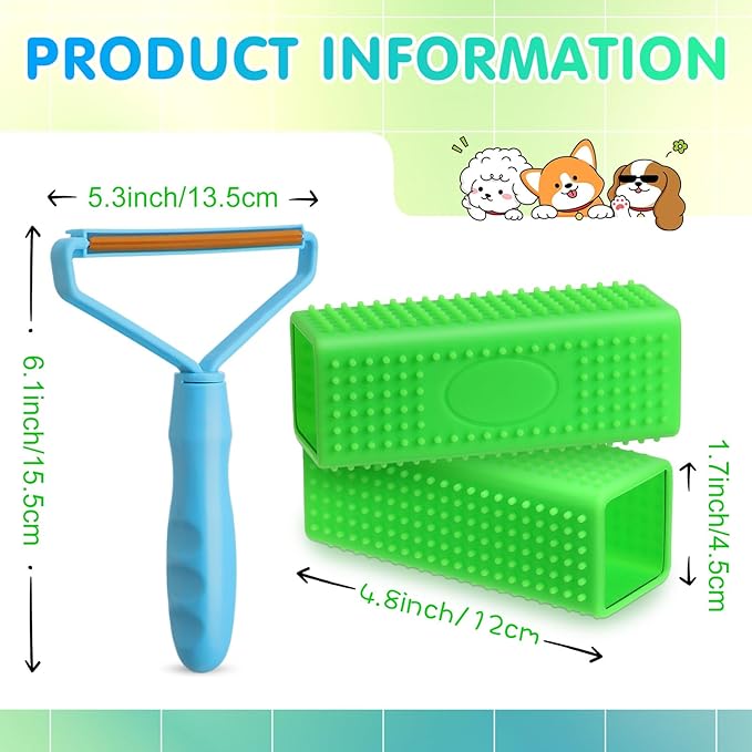Honeydak 3 Pieces Hair Remover Tool Dog Hair Remover Pro Silicone Cleaner Brush Roller Fuzz Hairball Brush for Carpet Rake, Car Mat, Couch, Pet Bed, Clothes(Green, Light Blue)