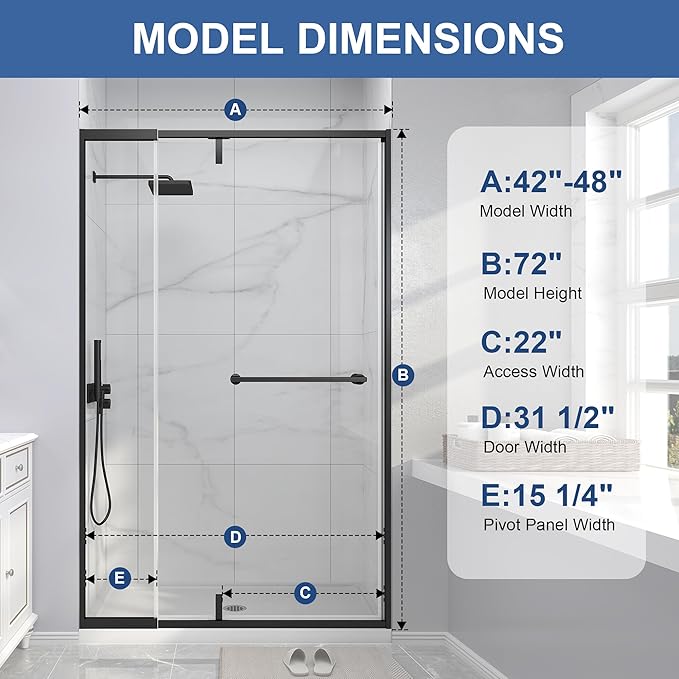 Semi Frameless Pivot Shower Door 42-48" W x 72" H, Swing Shower Glass Doors with Nano Explosion-Proof Film Tempered Glass 1/4"(6mm) Reversible Installtion, Matte Black Finish