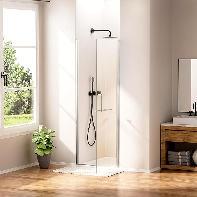 WinZo 27-28" W ×72" H Frameless Pivot Shower Door, Pivot Swing Shower Glass Doors with 1/4"(6mm) SGCC Clear Tempered Glass,Explosion-Proof Film, Reversible Installation, Brushed Nickel