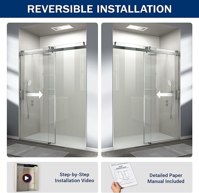 Abruzzo 76" Frameless Shower Door Single Sliding - 1/4" Tempered Glass Soft Close, Brushed Nickel, Adjustable 56-60" Width