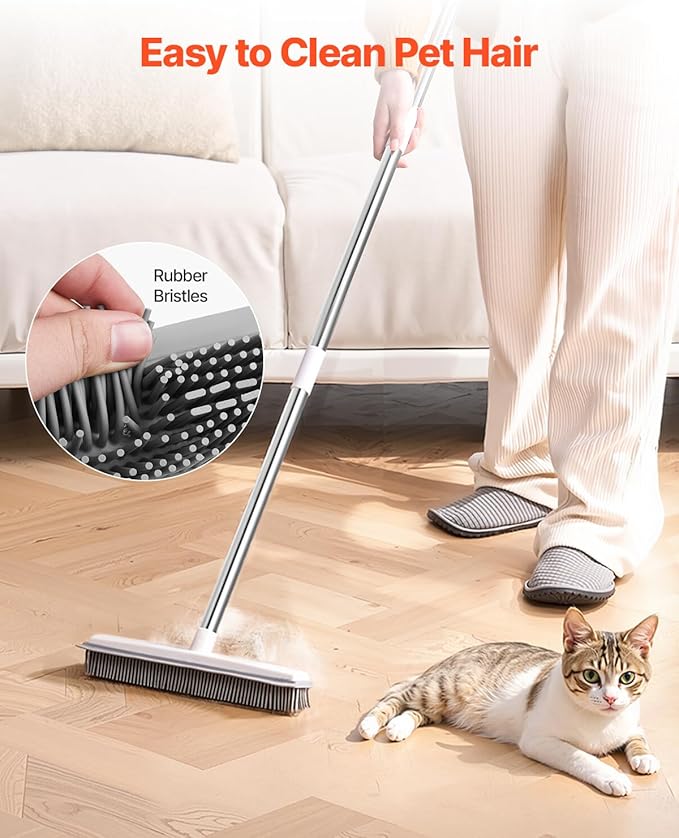 VEVOR Pet Hair Removal Broom, 58.46 in Adjustable Long Handle, Rubber Broom with Built in Squeegee Reusable Dog Cat Hair Remover, for Couch Furniture Hardwood Floor Tile