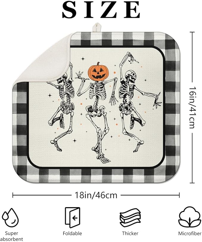 Halloween Dish Drying Mat for Kitchen Counter,Funny Skeleton Pattern Microfiber Drying Mat,Black and White Buffalo Plaid Background Washable Absorbent Countertop Holiday Dish Mat Drain Mat,16x18In
