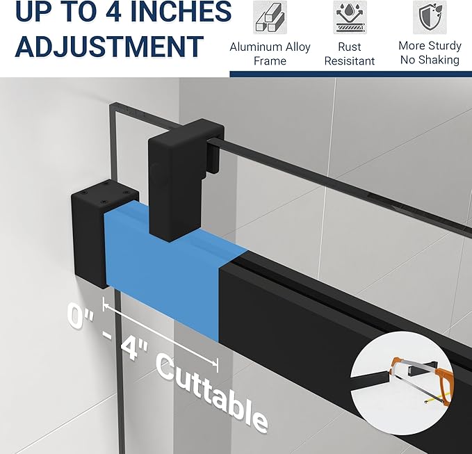 Abruzzo 76" Frameless Shower Door Single Sliding - 1/4" Tempered Glass Soft Close, Matte Black, Adjustable 56-60" Width