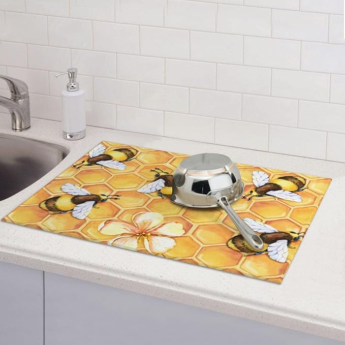 Bee Dish Drying Mat For Kitchen Counter Absorbent Large Kitchen Fast Dry Pad Reusable Washable Protector Rack Large Mat 18 X 24