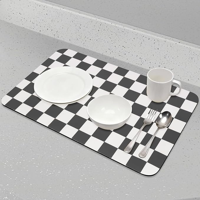 Checkered Dish Drying Mat for Kitchen Counter, Absorbent Non-Slip Coffee Mat, Heat Resistant Mat for Countertops Coffee Bar Decor 16" x 24" Black