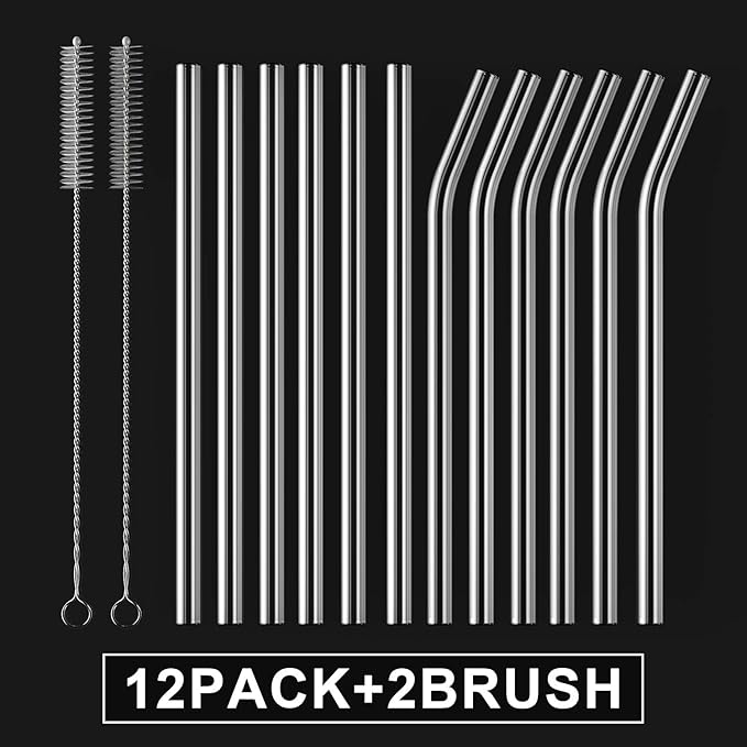 12-Pack Reusable Glass Straw,Size 8.5''x10 MM,Including 6 Straight and 6 Bent with 2 Cleaning Brush- Perfect For Smoothies, Tea, Juice