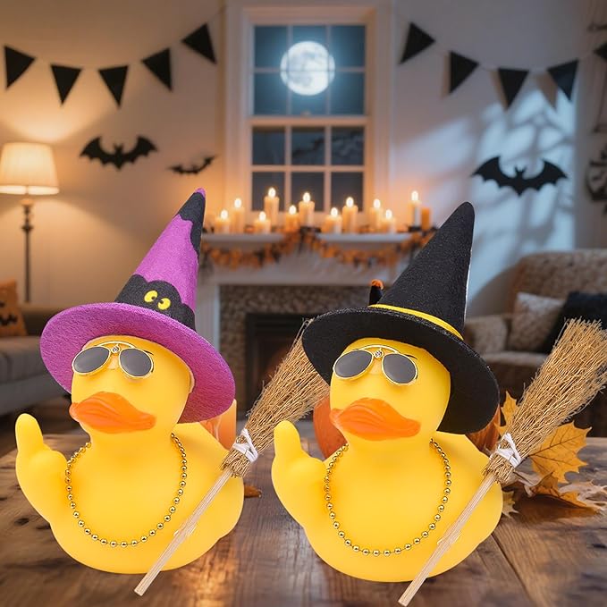 Halloween 3.15" Fun Rubber Duck Witch Duck Car Dashboard Decorations Halloween Witch Hat Broom Sunglasses Necklace for Car Home for Office Accessories