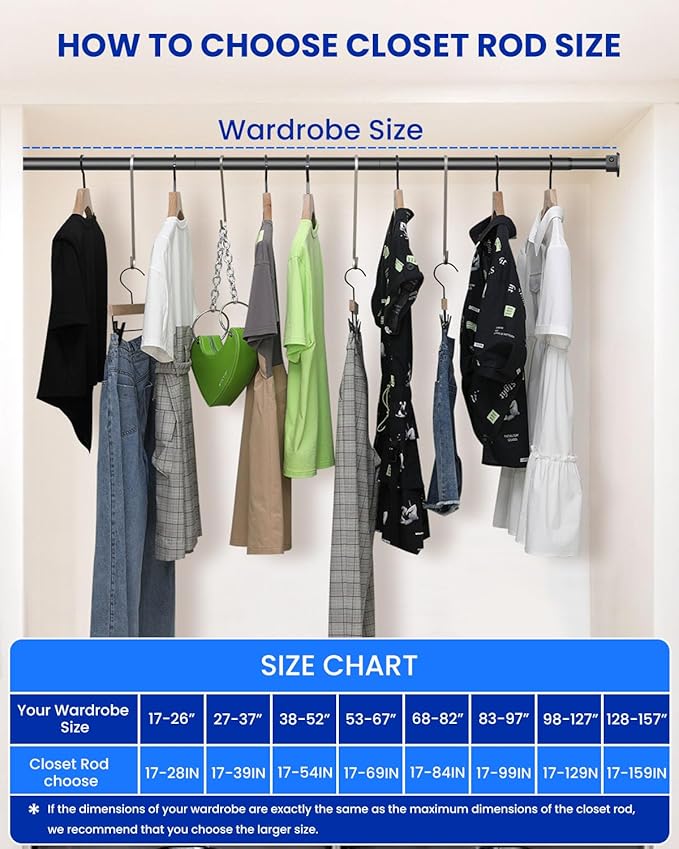 Closet Rods for Hanging Clothes, 17 to 39 Inches Stepless Adjustable Metal Closet Rod, 1.3 Inches Heavy Duty Clothes Hanging Rod for Closet Wardrobes Laundry RV, Black