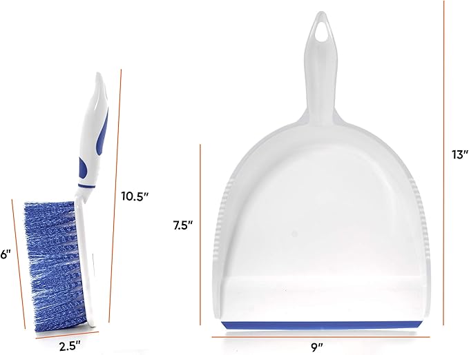 Dustpan and Brush Set, Hand Broom with Ergonomic Grip Handle - Rubber Edge for Easy Dirt Pickup, Durable Material - Grey & Blue Hand Brush by Superio, 2-Pack