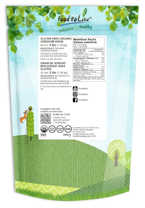 Food to Live Gluten Free Organic Whole Grain Sorghum, 3 Pounds – Non-GMO White Groats. Raw Milo Seeds. Vegan, Bulk Broom-corn. Durra is Great for Making Flour and Popped Jowar Dhani. Made in USA