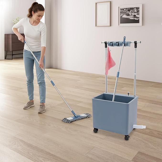Floor Mop Sink, Mop Service Basin with Cleaning Tool Rack, Floor Mount Slop Sink with Wheels, With Drainage, for Kitchen, Laundry Room, Bathroom and Industrial Use (3 Mop Slots/4 Hooks)