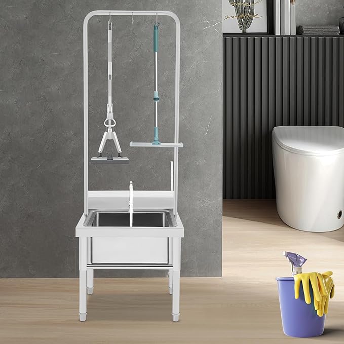 Stainless Steel Floor Mop Sink, Freestanding Mop Sink with Faucet and Cleaning Tool Rack, Commercial Floor Sinks Utility Mop Basin for Laundry, Kitchen, Garage, Restaurant 23.6 × 23.6 × 69inch