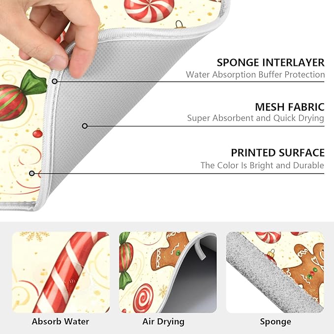 Christmas Gingerbread Cookie Man Sugar Dish Drying Mat for Kitchen Counter Absorbent Microfiber Large Drying Pad Dish Mats for Kitchen Countertops 18 x 24 Inch