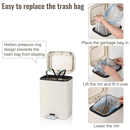 rejomiik Small Bathroom Trash Can with Lid 2.1 Gallon Soft Close Step Slim Garbage Can Waste Bin for Office, Bedroom, Kitchen, Cream