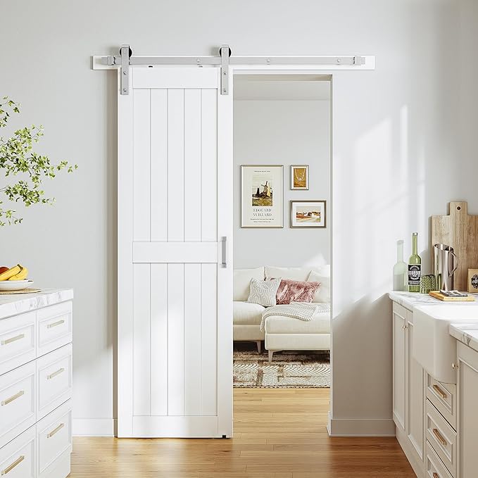 SmartStandard 26 x 84 inch White Sliding MDF Barn Door with 5FT Brushed Nickel Sliding Door Hardware Kit & Handle, Pre-Drilled Ready to Assemble, Waterproof PVC Coating, H-Frame
