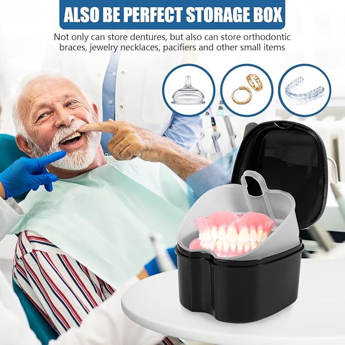 2 Pack Denture Bath Case Cup Box Holder Storage Container with Denture Cleaner Brush Strainer Basket for Travel Cleaning (White and Black)