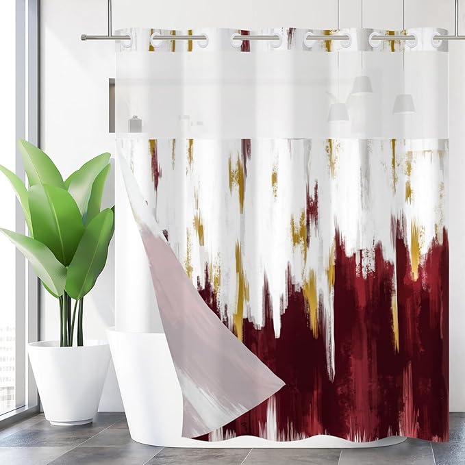 No Hook Shower Curtain with Snap in Liner, Hotel Style Burgundy Red White Gold Brush Strokes Art Modern Shower Curtain Waterpoof Washable with See Through Top Window,71"x86"