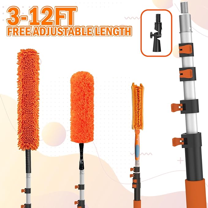 20FT Reach Ceiling Fan Cleaner Duster, Fan Blade Cleaner Kit with 3-12FT Extension Pole, Microfiber Duster & Replaceable Cleaning Cloth for Blades, Ceiling, Furniture