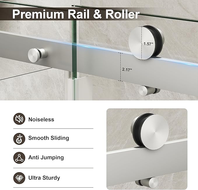 Frameless Bathtub Shower Door, Tub Sliding Door with Nano Coating & Safety Film, 1/4" (6mm) SGCC Tempered Glass，Adjustable 55"-60" W x 60" H, Brushed Nickel
