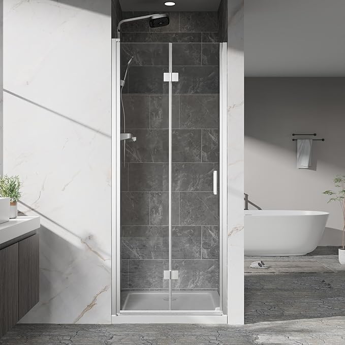 Frameless Bi-Fold Shower Door 32" W x 72" H, 1/4" Clear Tempered Glass, Folding Swing Design, Reversible Installation, Chrome Finish, Space-Saving Glass Shower Door for Small Bathrooms