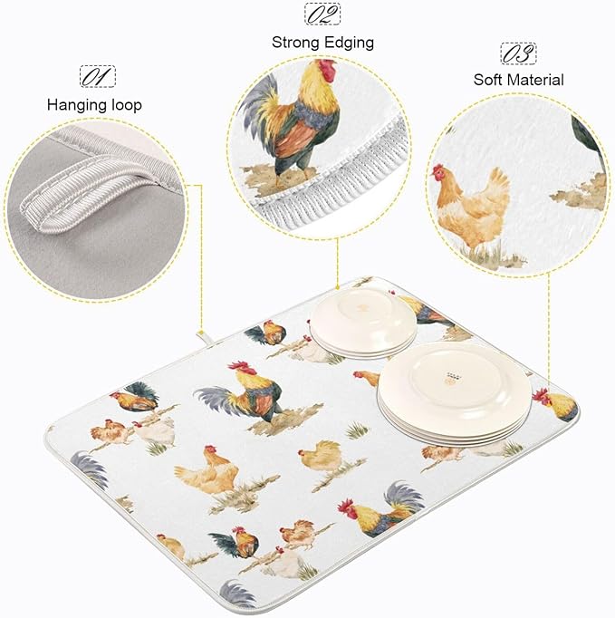 Tarity Watercolor Chickens And Rooster Dish Drying Mat for Kitchen Counter Absorbent Heat Resistant Microfiber Dishes Drainer Mat 18x24 in Large Dish Pad Sink Mat Protective Pad Kitchen Decor 16x18in