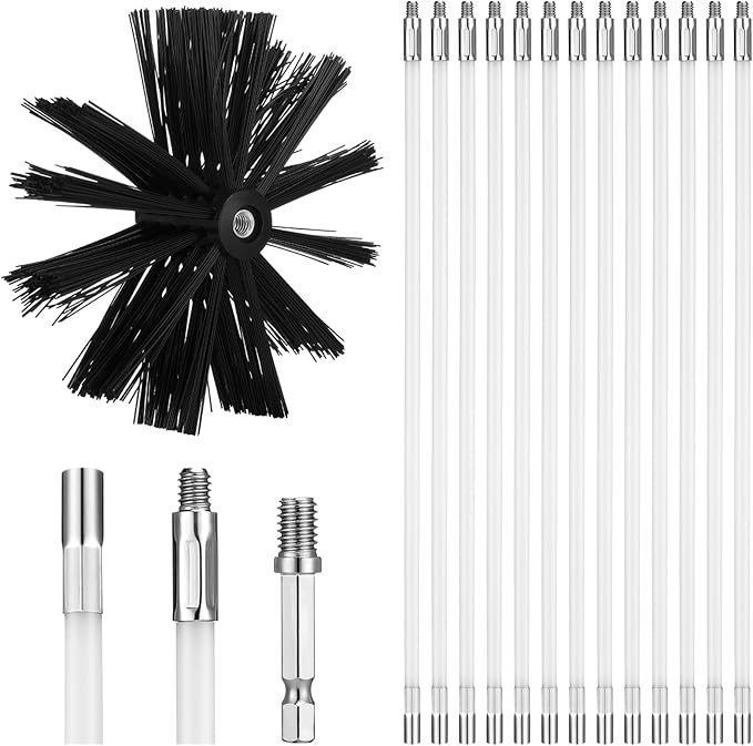 Wire Chimney Cleaning Brush with 1/4" Npt Fitting and 12 Rods, 6 Inch Round Steel Chimney Cleaning Brush and 16 Inch Fiberglass Rods for Hearth Fireplace (Split Type)