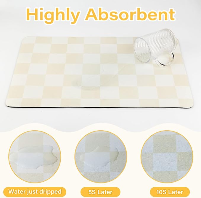 Checkered Dish Drying Mat for Kitchen Counter Coffee Mat Bar Accessories,Fit Uder Pot, Dish Rack,Hide Stain,Absorbent Easy Clean (Beige, 19" x 12")