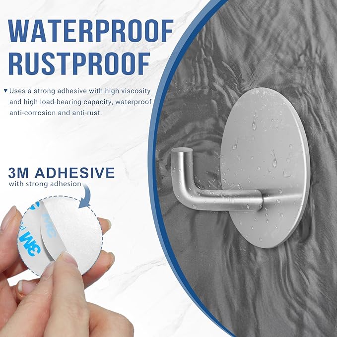 Adhesive Hooks for Bathrooms, 4 Piece Towel Hooks for Hanging Hat Robe Coat, Stick on Hooks for Kitchens, Strong Self-Adhesive No Damage Waterproof Stainless Steel Sticky Hook (Silvery)