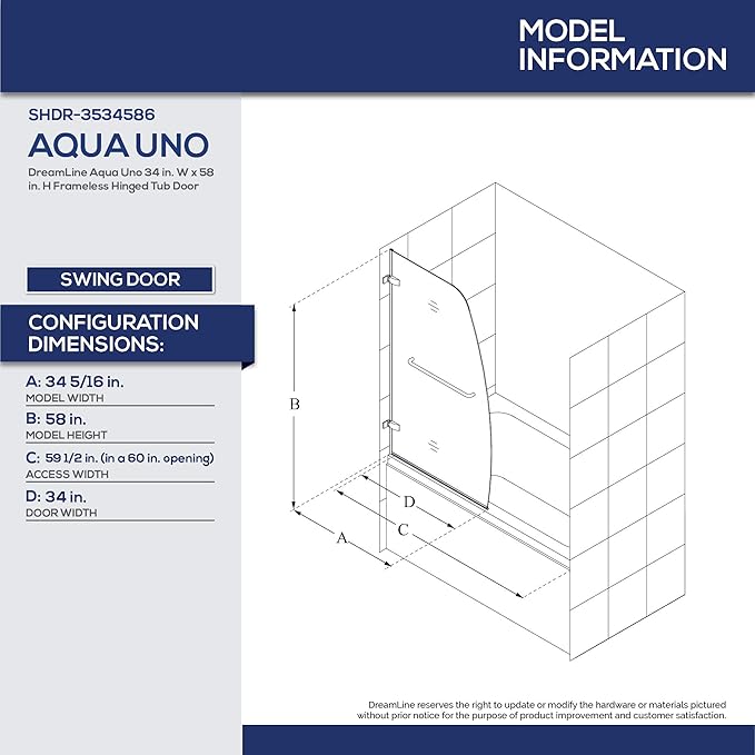 DreamLine Aqua Uno 34 in. W x 58 in. H Frameless Hinged Tub Door in Chrome, SHDR-3534586-01