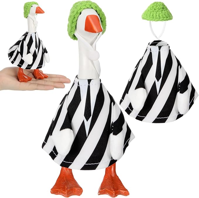 Abbylike Thanksgiving Mini Desk Goose Outfits 7 Inch Magnetic Silly Goose Statue Candy Corn Costume with Witch Hat and Broom for Halloween Magnetic Duck Statue Desk Key Holder Decor(Black Suit)