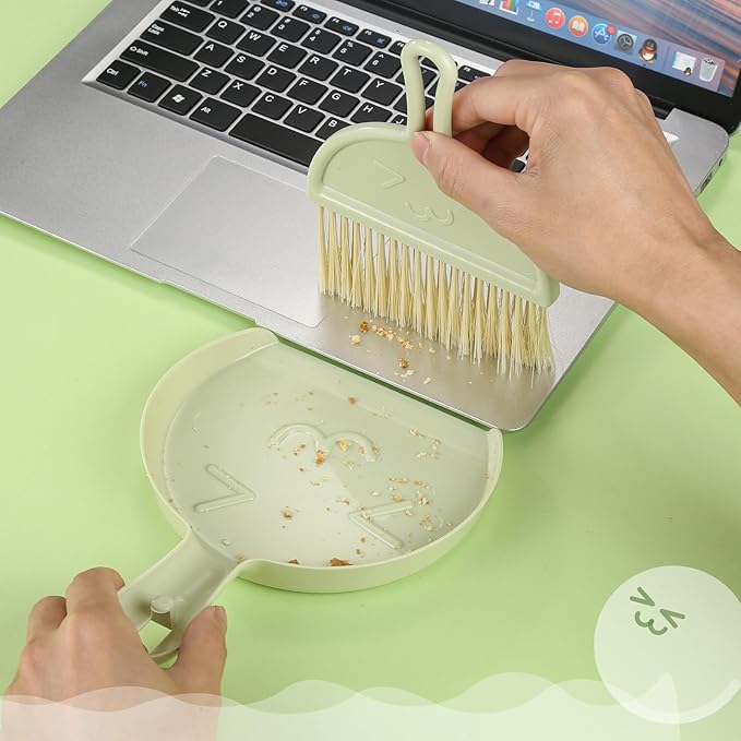 Small Broom and Dustpan Set, 2PCS Mini Dust Pan and Brush Set, Broom Dustpan Brush, Handheld Dust Pan with Cleaning Brush Combo for Home, Table, Countertop, Sofa, Key Board, Grey Green