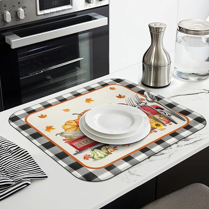 Fall Dish Drying Mat for Kitchen Counter,Autumn Buffalo Plaid Truck Pumpkin Pattern Microfiber Drying Mat,Washable Absorbent Kitchen Countertop Harvest Thanksgiving Dish Mat Drain Mat,16x18 Inch