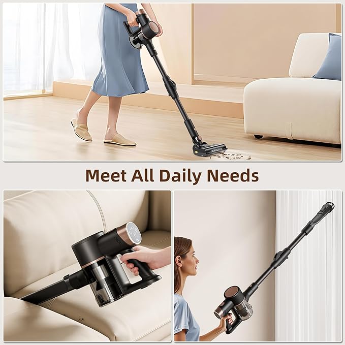 COWSAR Cordless Stick Vacuum Cleaner, Bagless Lightweight Stick Vacuum for Carpet and Floor, 8-in-1 Rechargeable Wireless Powerful Suction Vacuum Cleaner for Home, Gray