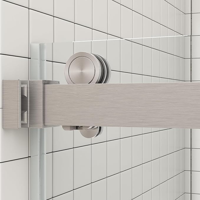 Sunrosa Frameless Double Sliding Shower Door 56 1/8-60" W x 76" H, 5/16" (8mm) Thick Easy-Clean Tempered Glass, Soft-Close Adjustable Shower Door with Towel Bar, Brushed Nickel Finish