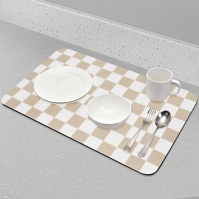 Checkered Dish Drying Mat for Kitchen Counter, Absorbent Non-Slip Coffee Mat, Heat Resistant Mat for Countertops Coffee Bar Decor 16" x 24" Khaki
