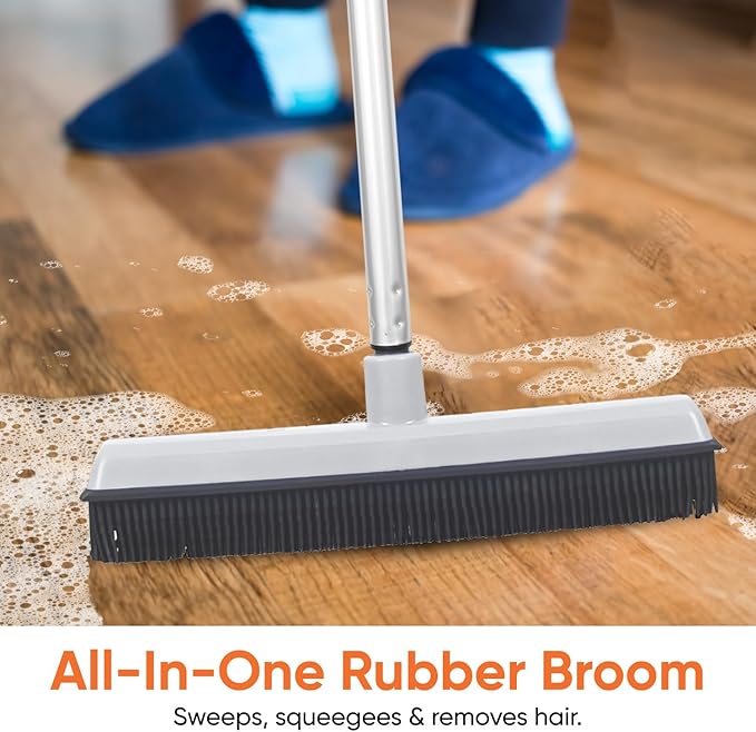 Rubber Bristle Floor Broom, Salon Squeegee & Rug Rake for Human Hair, Pet Hair, Fur, Lint, and Liquid, with 3-Part Handle, Grey, 2 Pack, by Superio
