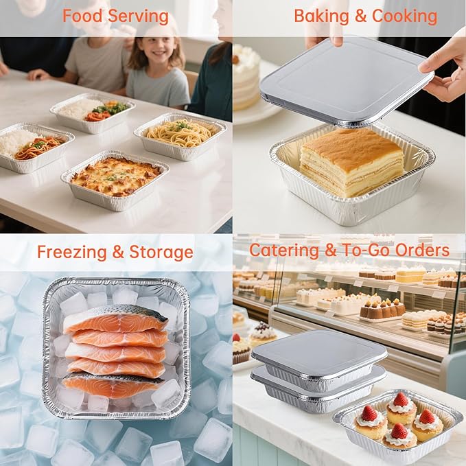 8x8 Aluminum Pans with Lids - 50 Pack Disposable Baking Pans, Tin Foil Pans with Lids for Holiday Cooking, Christmas, Parties Meal Prep, Storage, Heating and Baking