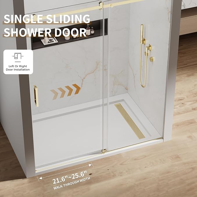 56-60" W x 74" H Frameless Sliding Shower Door, 5/16"(8mm) Clear Tempered Glass, Premium SUS304 Stainless Steel Hardware, Double Nano Coating, JVR-X02 (Brushed Gold)